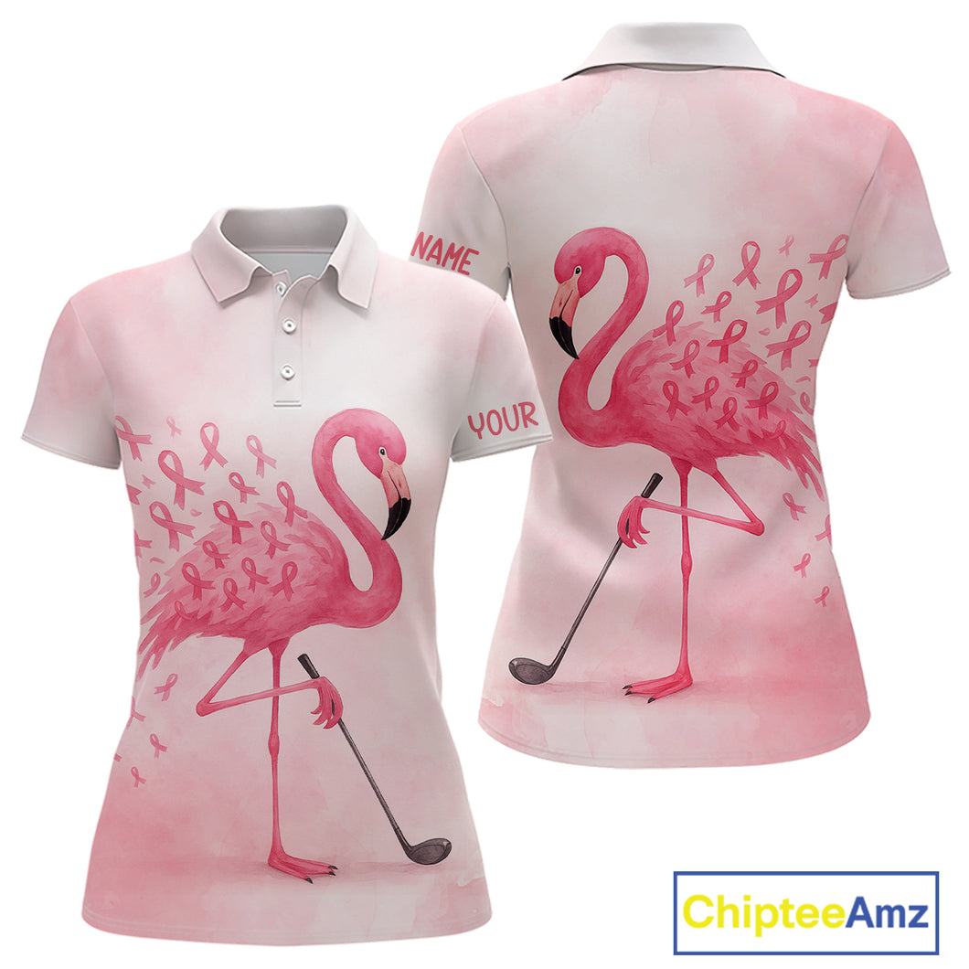 Watercolor Pink Flamingo ribbons Women golf polo shirt Custom Breast Cancer Awareness ladies golf top NQS10512