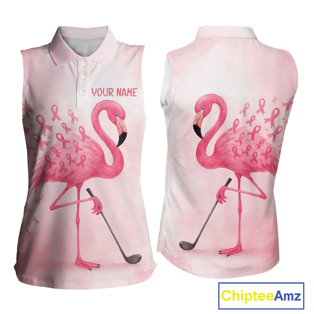 Watercolor Pink Flamingo ribbons Sleeveless polo shirt Custom Breast Cancer Awareness ladies golf top NQS10512