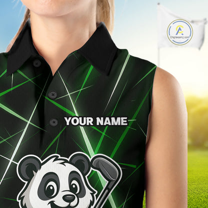 Black and Green Funny Panda Playing Golf Sleeveless Polo Shirt Custom ladies golf clothes golf gift NQS10740