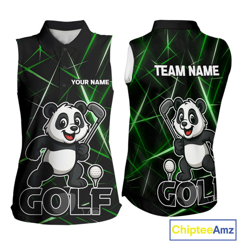 Black and Green Funny Panda Playing Golf Sleeveless Polo Shirt Custom ladies golf clothes golf gift NQS10740