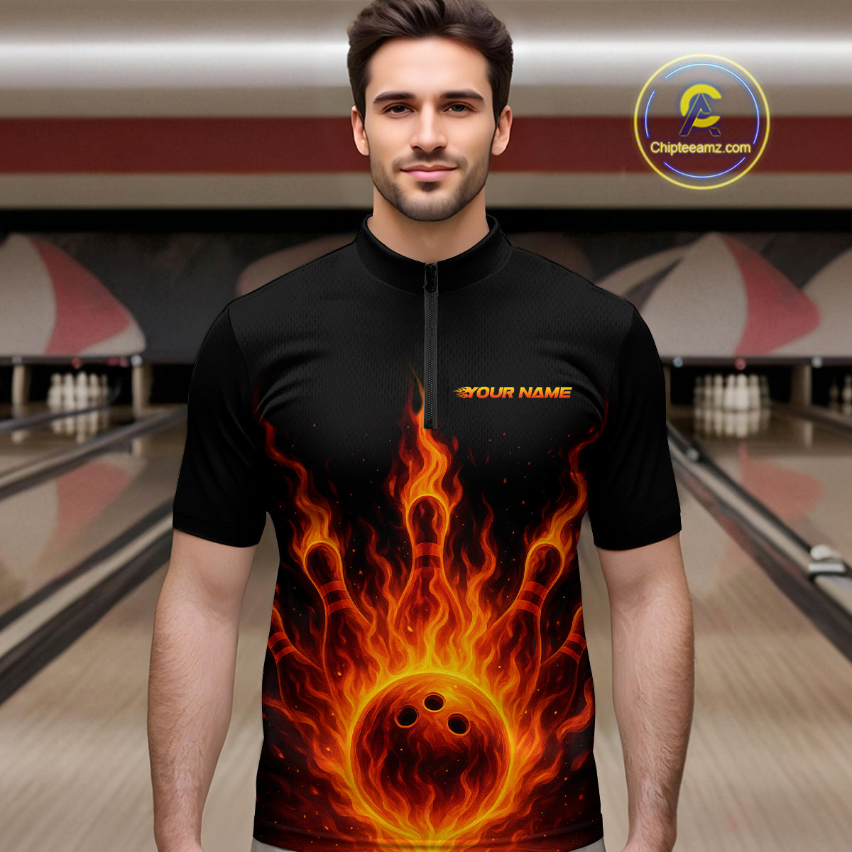 Custom Flame Bowling Polo, Quarter Zip Shirts for Men Custom Team Bowling Uniform NQS10521