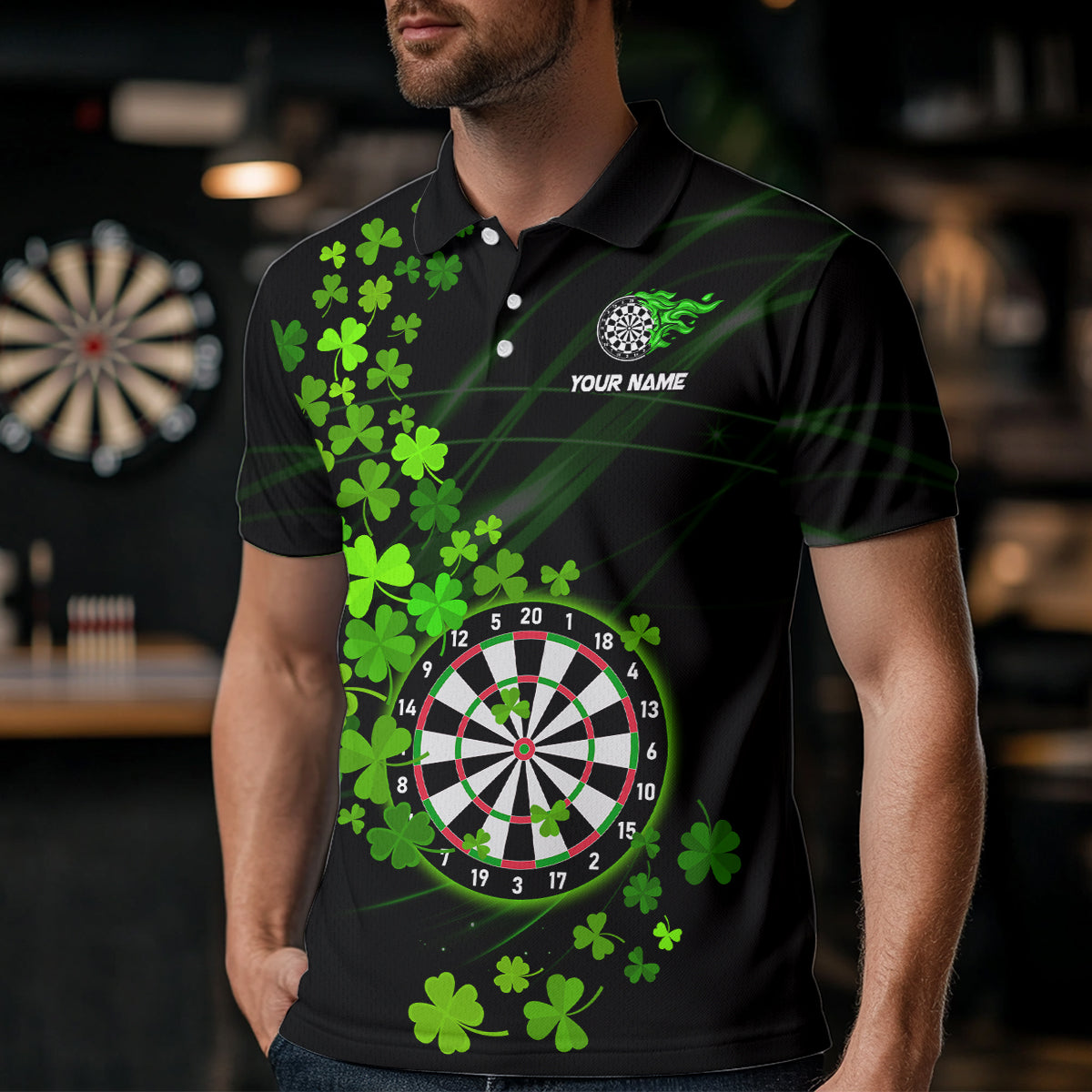 Green shamrock Lucky Darts Polo, Quarter-Zip Shirts For Men Custom St Patrick day Dart Team Jerseys NQS9458