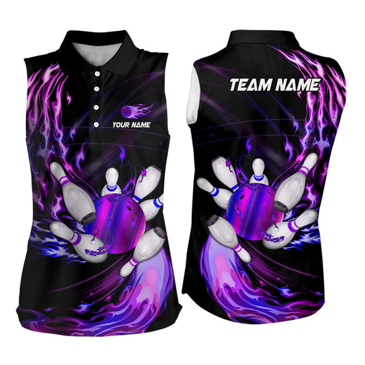 Women bowling sleeveless polos Custom Purple flame Bowling ball and pins Team league bowler Jersey NQS7369