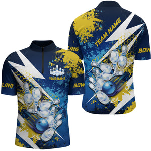 Yellow and blue grunge lightning Bowling Polo, Quarter Zip shirt For Men Custom Team Bowling Jersey NQS7700