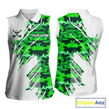 Load image into Gallery viewer, Personalized Women sleeveless golf polo shirt custom white and green camo ladies golf apparel NQS10334