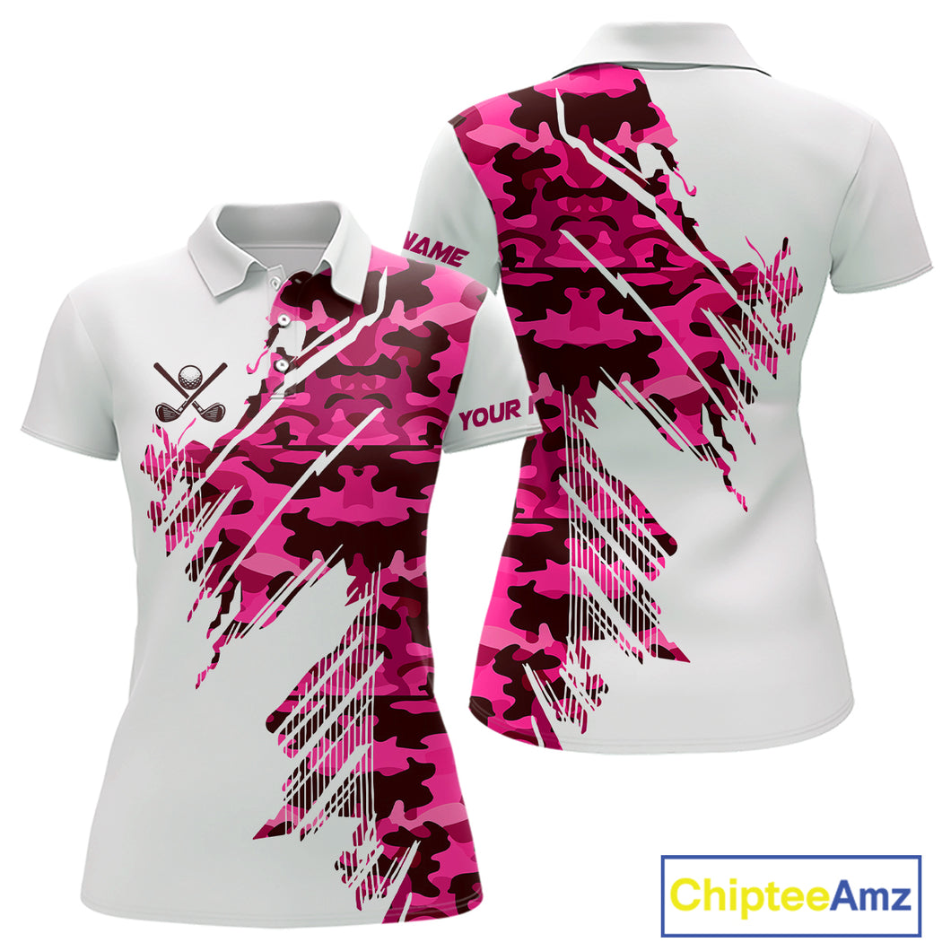 Personalized Women golf polo shirts custom white and pink camo ladies golf apparel, golfing gifts NQS10335