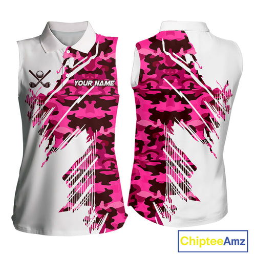 Personalized Women sleeveless golf polo shirt custom white and pink camo ladies golf apparel NQS10335