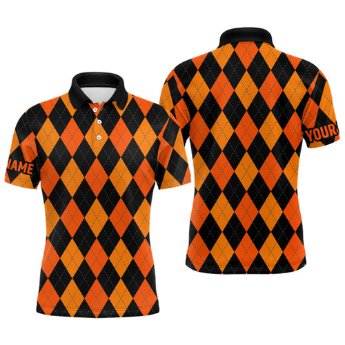 Matching golf polos for couples custom orange and black argyle plaid Halloween pattern golf attire NQS6247