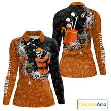 Load image into Gallery viewer, Halloween Skull Playing Golf Women Golf Polo Shirt Custom black &amp; orange Halloween mens golf outfit NQS10341