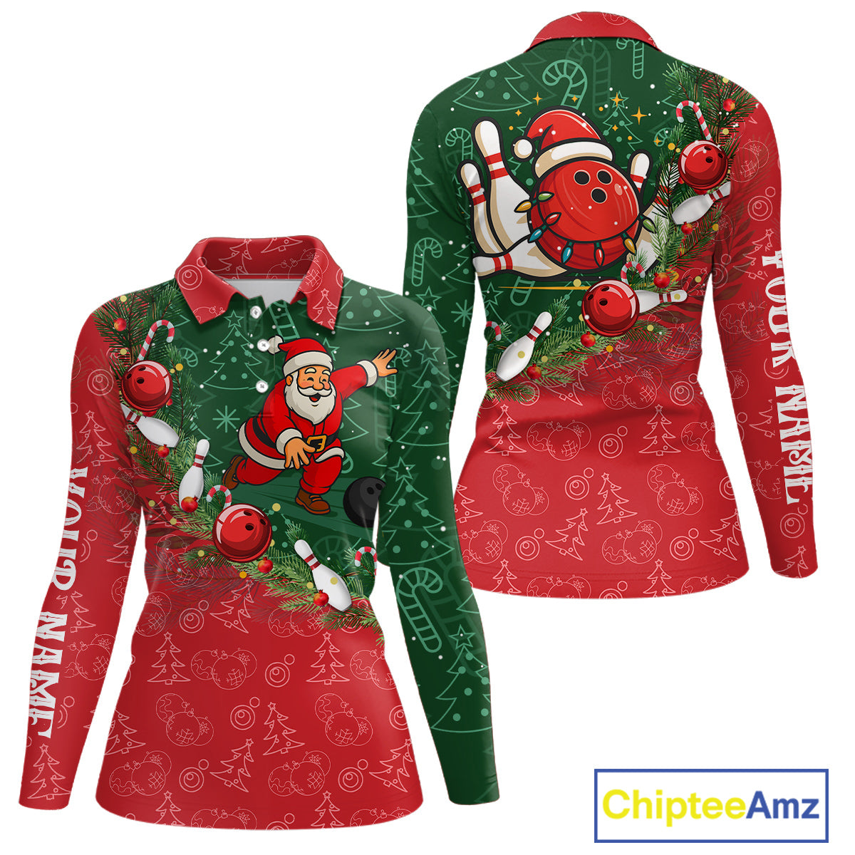 Christmas Santa Women Bowling Polo, Quarter Zip Shirt Custom Christmas Team Bowling outfit For Ladies NQS10342