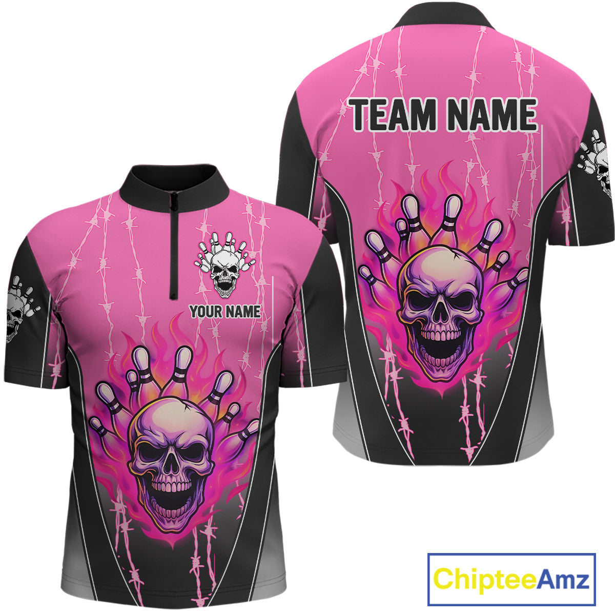 Black and pink flame skull Bowling Polo, 1/4 Zip Shirt for men Custom Team Bowling League Jersey NQS10203