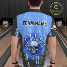 Load image into Gallery viewer, Black and blue flame skull Bowling Polo, 1/4 Zip Shirt for men Custom Team Bowling League Jersey NQS10205