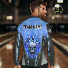 Load image into Gallery viewer, Black and blue flame skull Bowling Polo, 1/4 Zip Shirt for men Custom Team Bowling League Jersey NQS10205