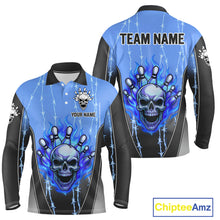 Load image into Gallery viewer, Black and blue flame skull Bowling Polo, 1/4 Zip Shirt for men Custom Team Bowling League Jersey NQS10205