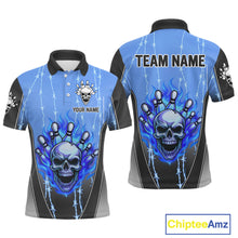 Load image into Gallery viewer, Black and blue flame skull Bowling Polo, 1/4 Zip Shirt for men Custom Team Bowling League Jersey NQS10205