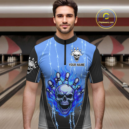 Black and blue flame skull Bowling Polo, 1/4 Zip Shirt for men Custom Team Bowling League Jersey NQS10205
