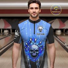 Load image into Gallery viewer, Black and blue flame skull Bowling Polo, 1/4 Zip Shirt for men Custom Team Bowling League Jersey NQS10205