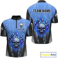 Load image into Gallery viewer, Black and blue flame skull Bowling Polo, 1/4 Zip Shirt for men Custom Team Bowling League Jersey NQS10205