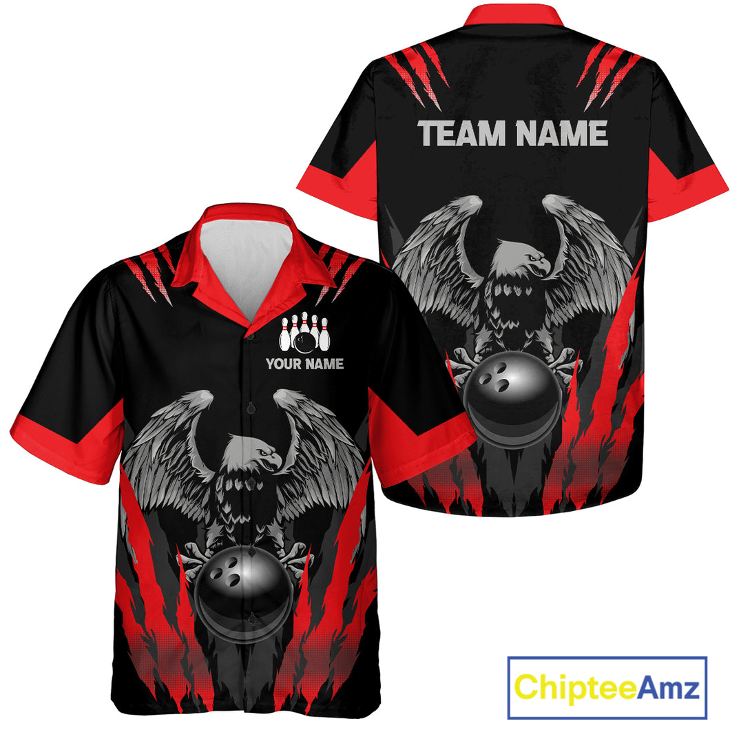 Black and Red Eagle Hawaiian Bowling Jersey Custom Eagle Bowling Team Button up shirt Bowling Uniform NQS11151