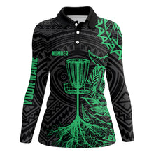 Load image into Gallery viewer, Green tribal Womens disc golf polo shirt custom black disc golf basket jerseys team ladies disc golf NQS6048