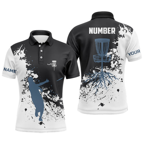 Black and white Mens disc golf polo shirt custom name and number disc golf jerseys, golf outfit men NQS6051