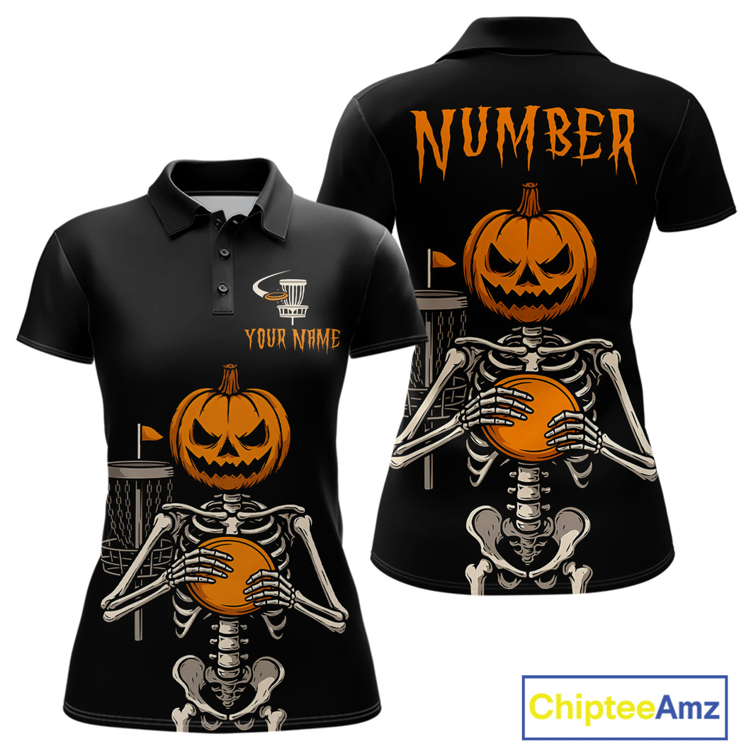 Black and Orange Halloween disc golf skull custom Women disc golf polo shirts, disc golf gifts NQS10788