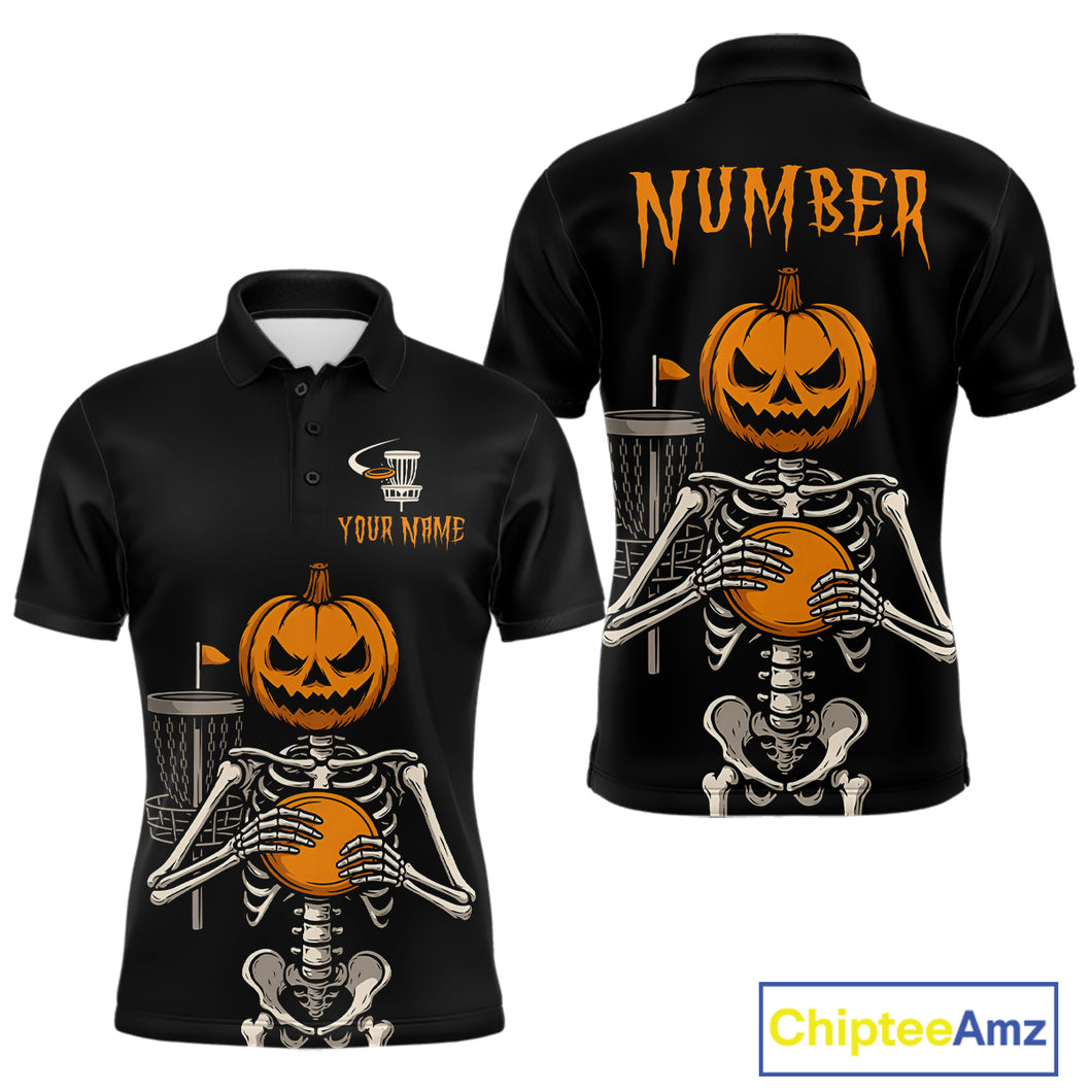 Black and Orange Halloween disc golf skull custom Men disc golf polo shirts, disc golf gifts NQS10788