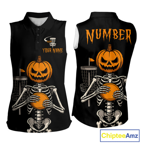 Black and Orange Halloween disc golf skull custom Women sleeveless polo shirt, disc golf gifts NQS10788