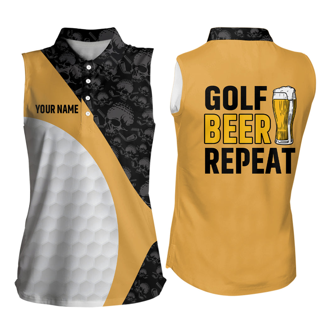 Funny Black golf skull camo Womens sleeveless polo shirt custom golf beer repeat, womens golf attire NQS6749