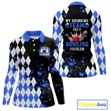 Load image into Gallery viewer, Blue argyle pattern Retro Bowling Shirts For Women Custom My drinking team has a bowling problem NQS9824