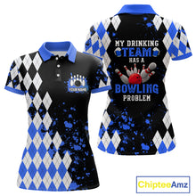 Load image into Gallery viewer, Blue argyle pattern Retro Bowling Shirts For Women Custom My drinking team has a bowling problem NQS9824