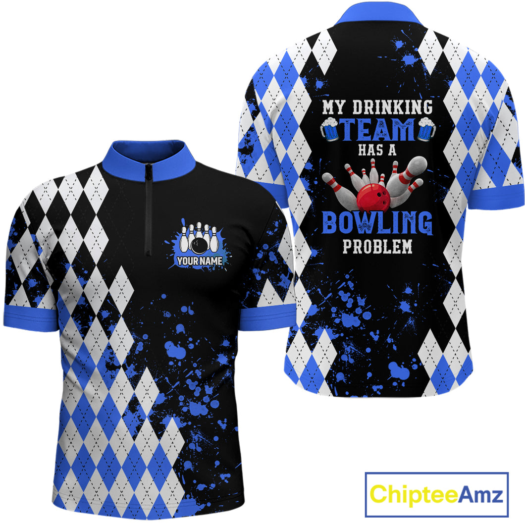 Blue argyle pattern Retro Bowling Shirts For Men Custom My drinking team has a bowling problem NQS9824