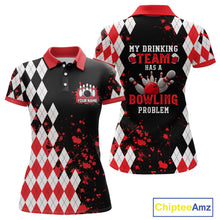 Load image into Gallery viewer, Red argyle pattern Retro Bowling Shirts For Women Custom My drinking team has a bowling problem NQS9825