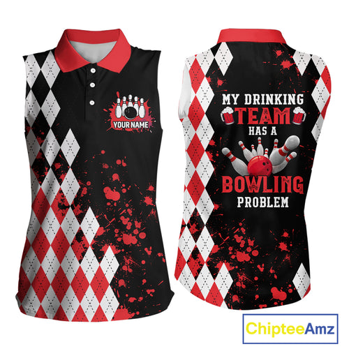 Red argyle pattern Retro Bowling Sleeveless Polo Shirt Custom My drinking team has a bowling problem NQS9825