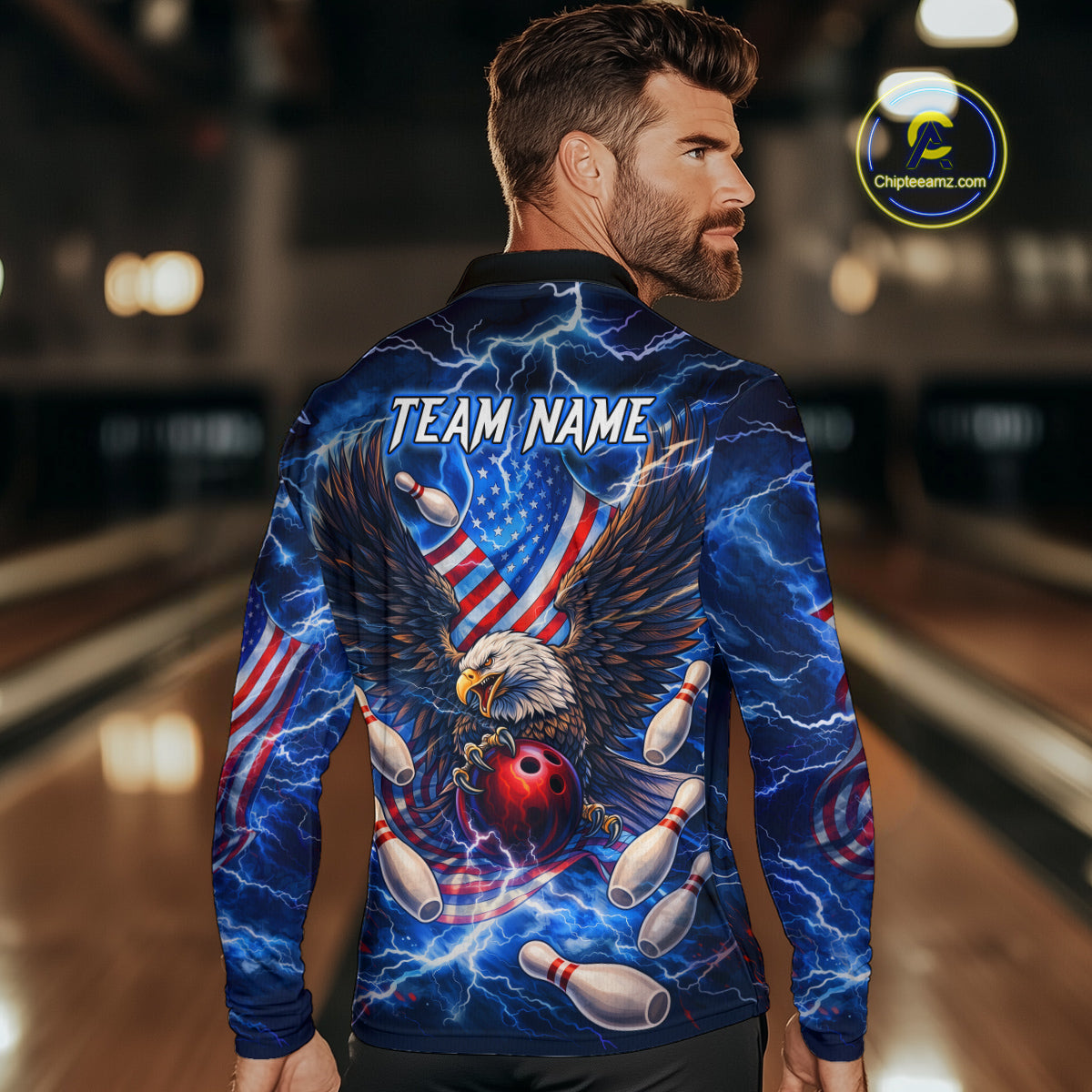 US Flag Eagle Bowling Shirts for Men Custom Blue Lightning Thunder Patriotic Team Bowling Jerseys NQS11581
