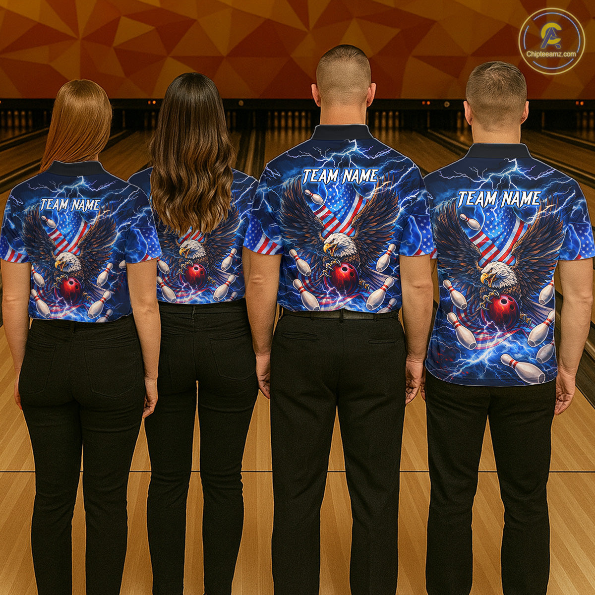 US Flag Eagle Bowling Shirts for Women Custom Blue Lightning Thunder Patriotic Team Bowling Jerseys NQS11581