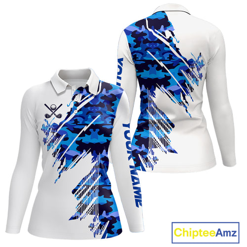 Personalized Women golf polo shirts custom white and blue camo ladies golf apparel, golfing gifts NQS10073
