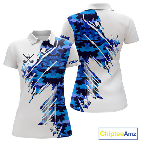 Personalized Women golf polo shirts custom white and blue camo ladies golf apparel, golfing gifts NQS10073