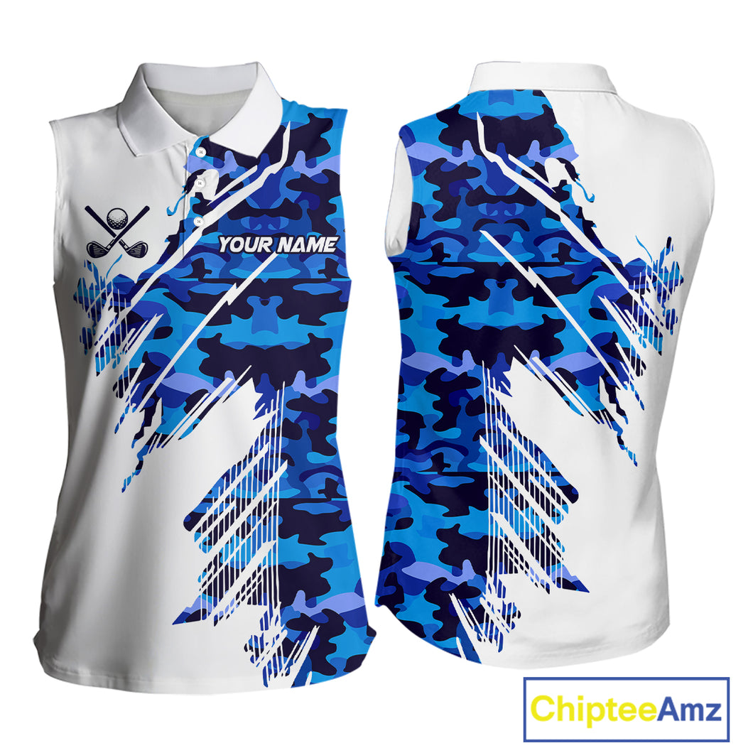 Personalized Women sleeveless golf polo shirt custom white and blue camo ladies golf apparel NQS10073