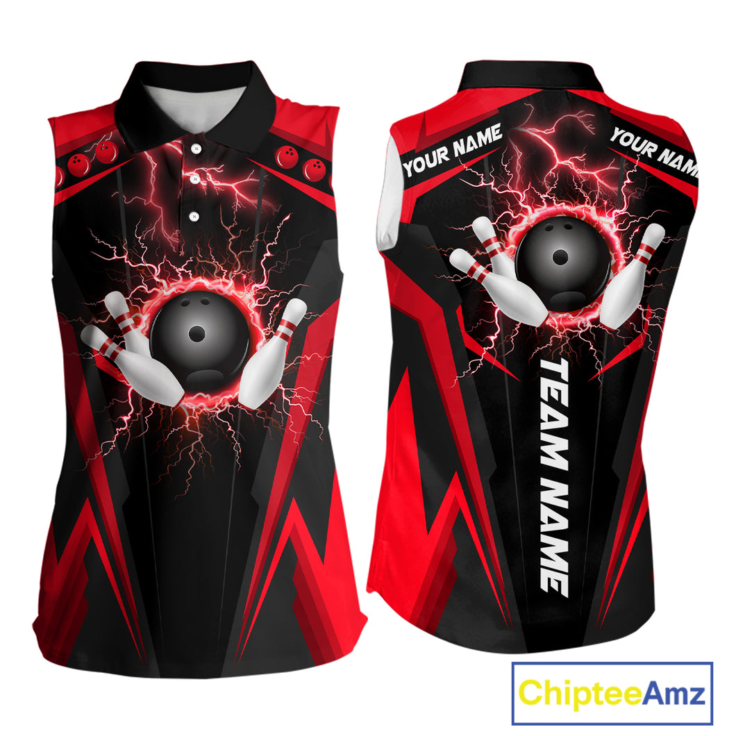 Black Women bowling Sleeveless Polo shirt Custom lightning thunder team league bowling jersey | Red NQS10373
