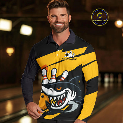 Black and yellow shark Bowling polo, quarter zip shirt for men custom Shark Bowling team league shirt NQS10393
