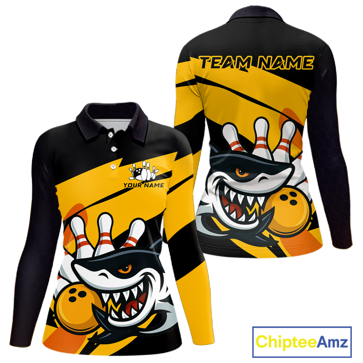 Black and yellow shark Women Bowling polo, quarter zip shirt custom Shark Bowling team league shirt NQS10393