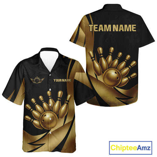 Black and Gold Bowling Hawaiian shirt Custom Team Bowling League Button Up Shirt NQS10079
