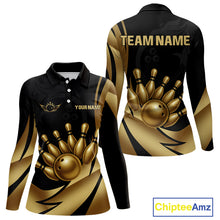 Load image into Gallery viewer, Black and Gold Women Bowling Polo, Quarter Zip Shirts Custom Team Bowling League Jersey NQS10079