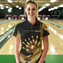 Load image into Gallery viewer, Black and Gold Women Bowling Polo, Quarter Zip Shirts Custom Team Bowling League Jersey NQS10079
