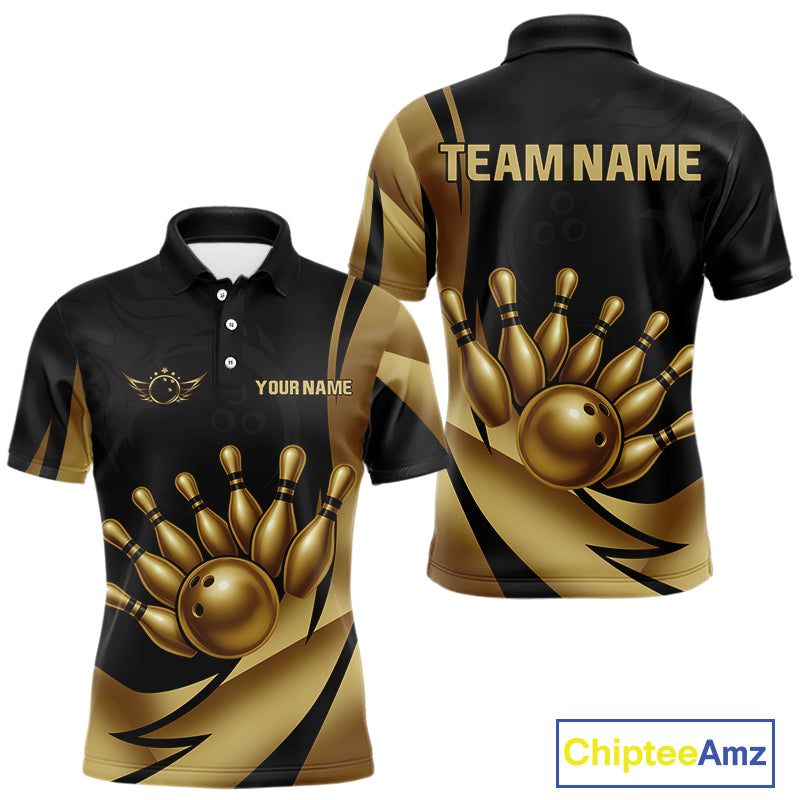 Black and Gold Mens Bowling Polo, Quarter Zip Shirts Custom Team Bowling League Jersey NQS10079