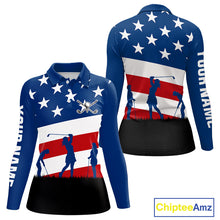 Load image into Gallery viewer, American Flag golf polo shirts for Women Custom Red, White and Blue Patriotic ladies golf attire NQS10230