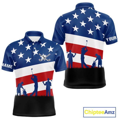 American Flag golf polo shirts for men Custom Red, White and Blue Patriotic mens golf attire NQS10230