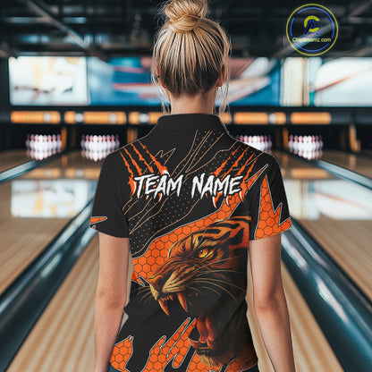 Personalized Tiger Bowling Team Women Polo, Quarter Zip Shirt, Black And Orange Tiger Bowling Jerseys NQS10398