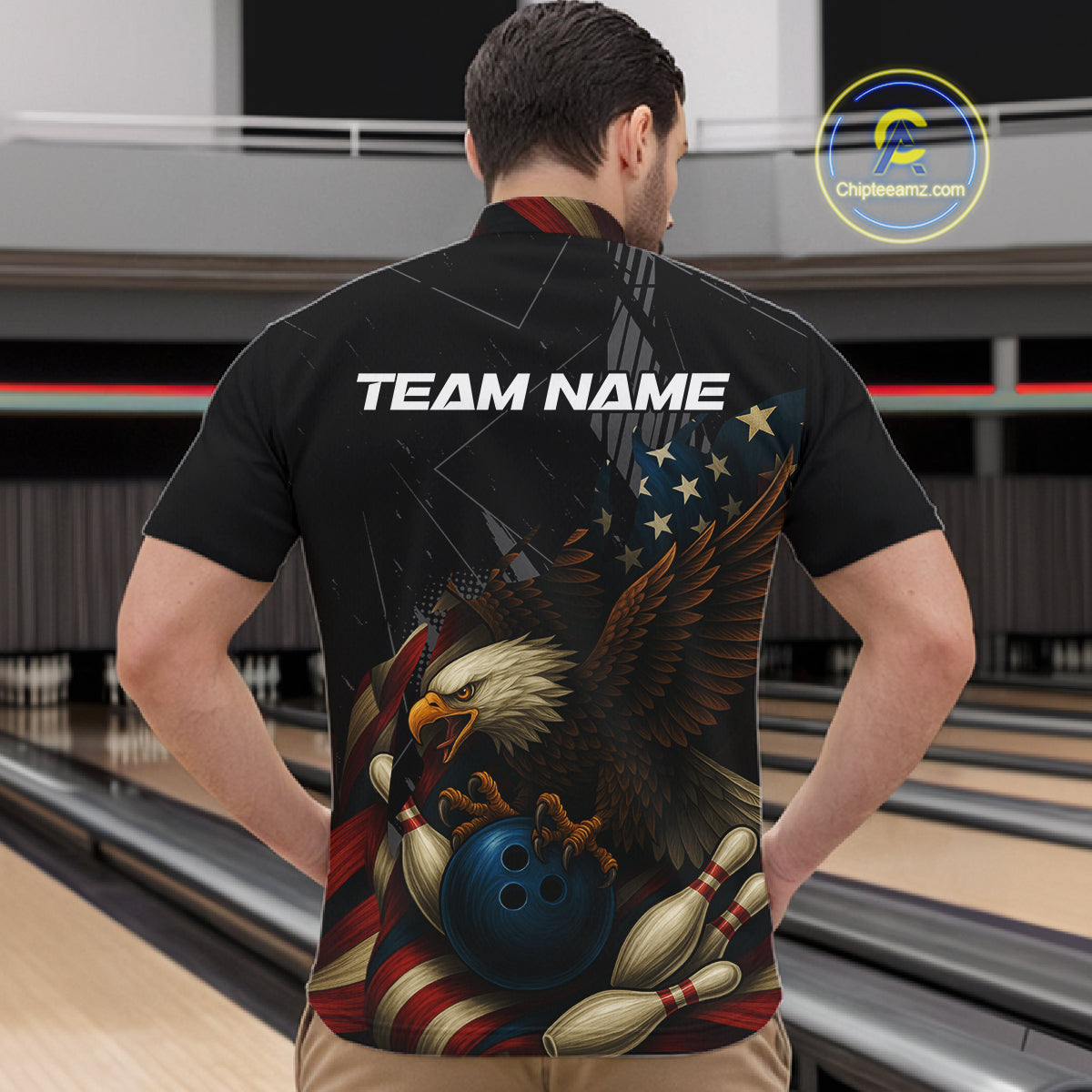 American Flag Eagle Black Bowling Shirts For Men Custom Patriotic Bowling Team Jersey gift for Bowler NQS10606
